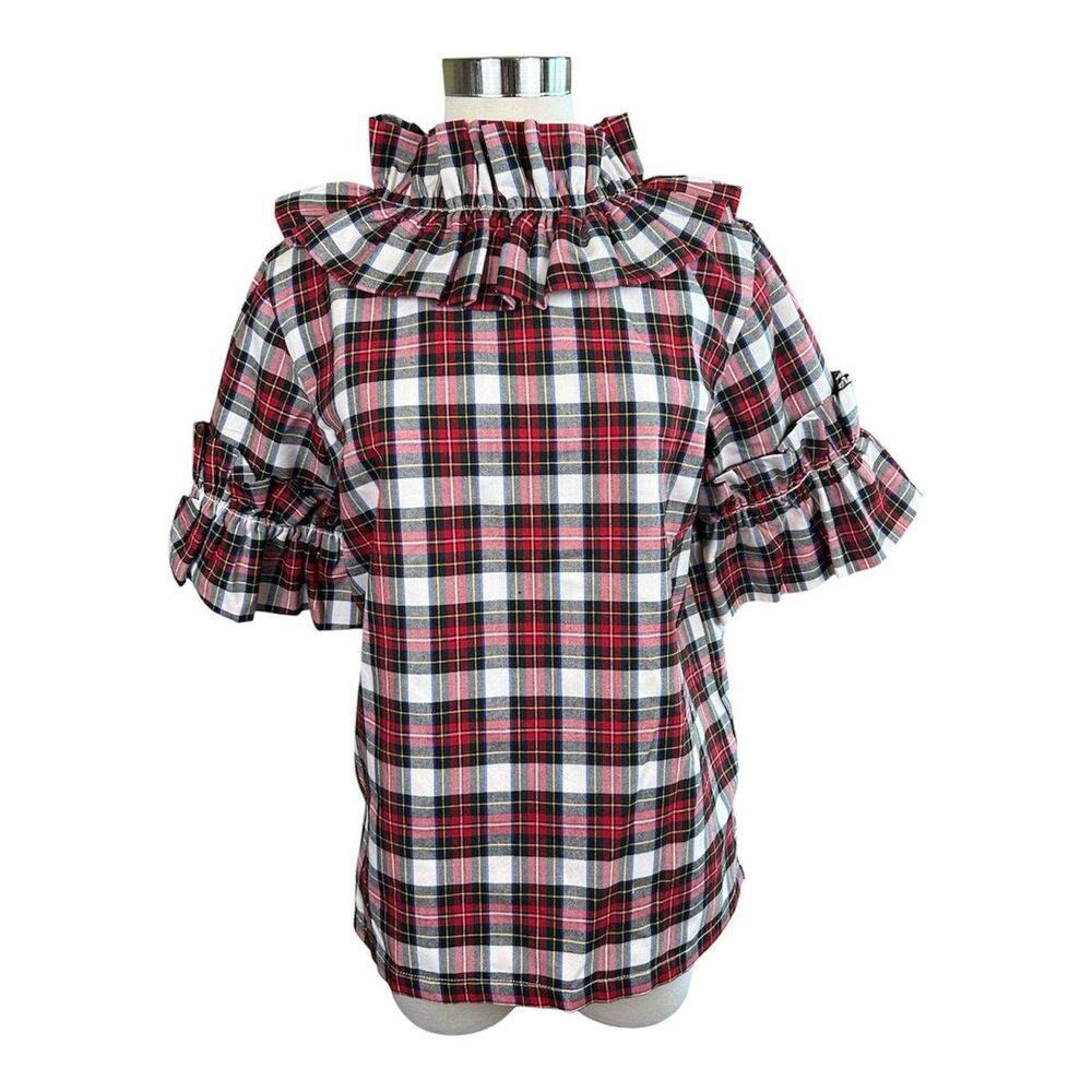 Elizabeth Wilson Designs Katherine Top Red Tartan Plaid Ruffle Collar L